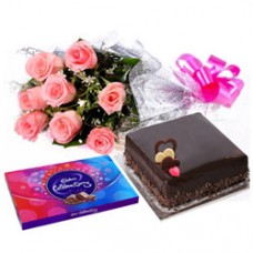 Special Surprise Arrangement of Pink Rose Bouquet, Chocolate and Cake